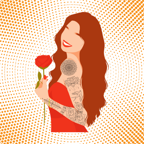 Avatar da Escritora com vestido vermelho, segurando uma rosa mostrando seu braço tatuado